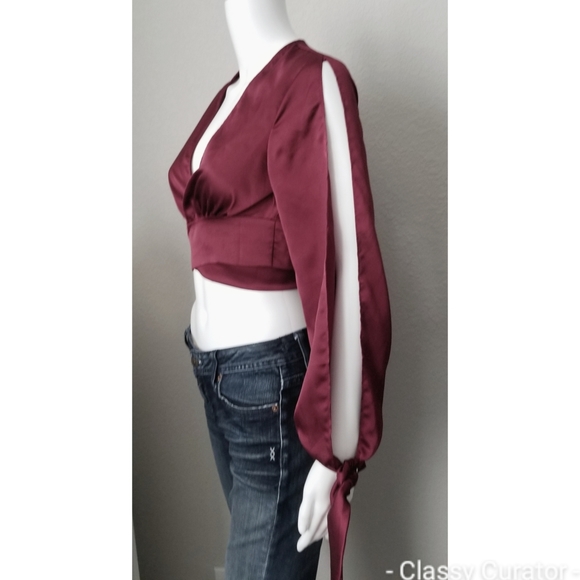 NWT Small LAST ONE wine bow wrap satin crop blouse - Picture 7 of 7